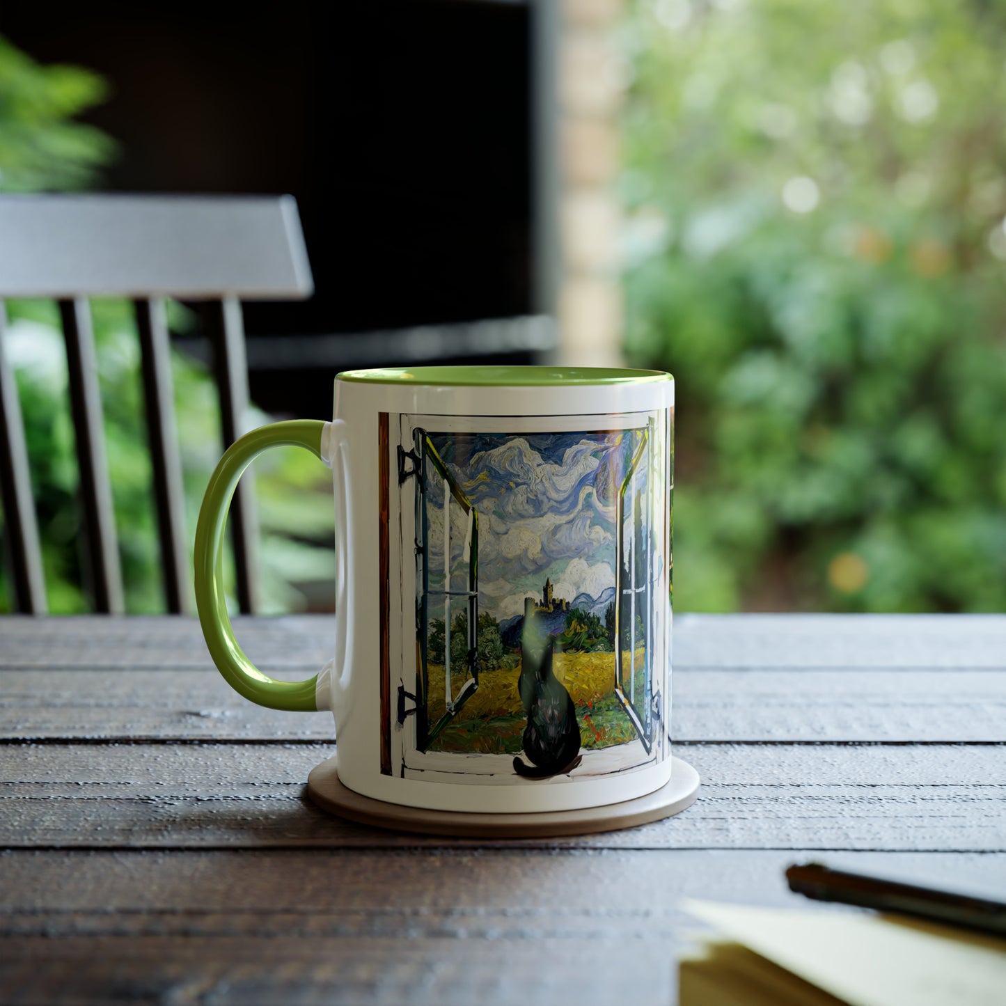 Van Gogh's Wheat Field with Cypresses (1889) - Cat with castle ruin Fine Art Print Two-Tone Coffee Mugs, 11oz