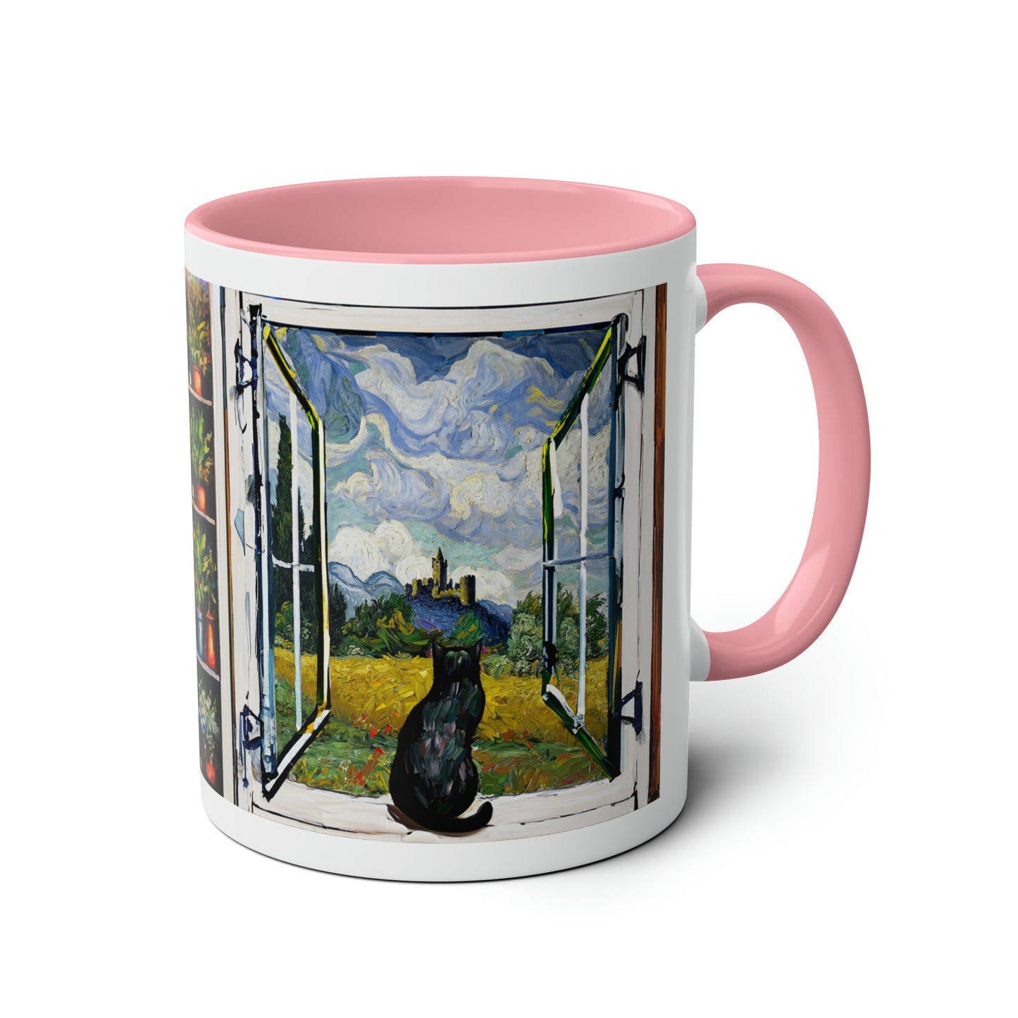 Van Gogh's Wheat Field with Cypresses (1889) - Cat with castle ruin Fine Art Print Two-Tone Coffee Mugs, 11oz