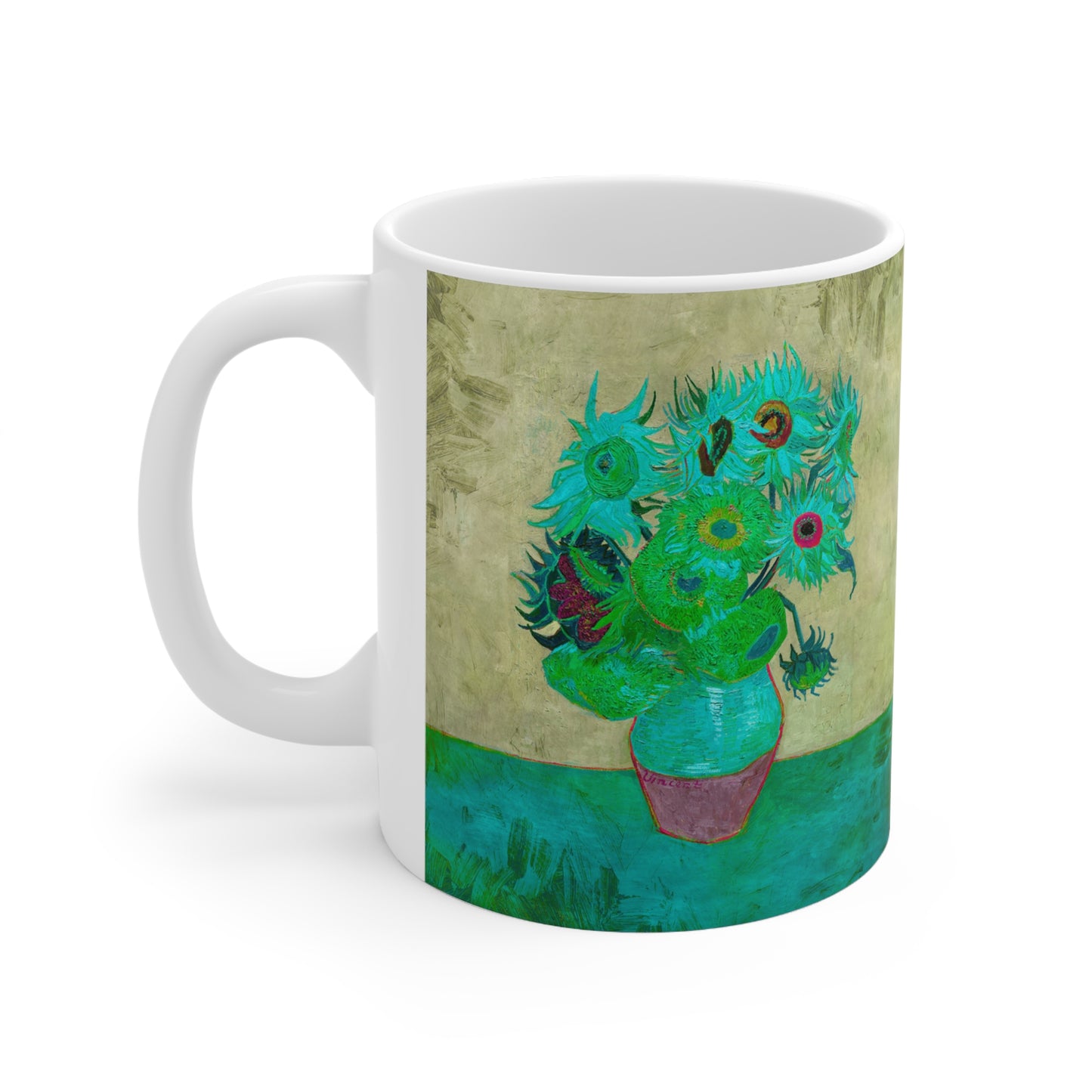 Van Gogh's Vase with Twelve Sunflowers (1888–1889) - Pop art turqoise Fine Art Print Ceramic Coffee Mugs, 11oz, 15oz