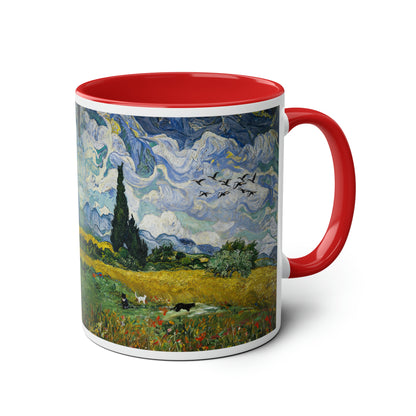 Van Gogh's Wheat Field with Cypresses (1889) - Birds Fine Art Print Two-Tone Coffee Mugs, 11oz