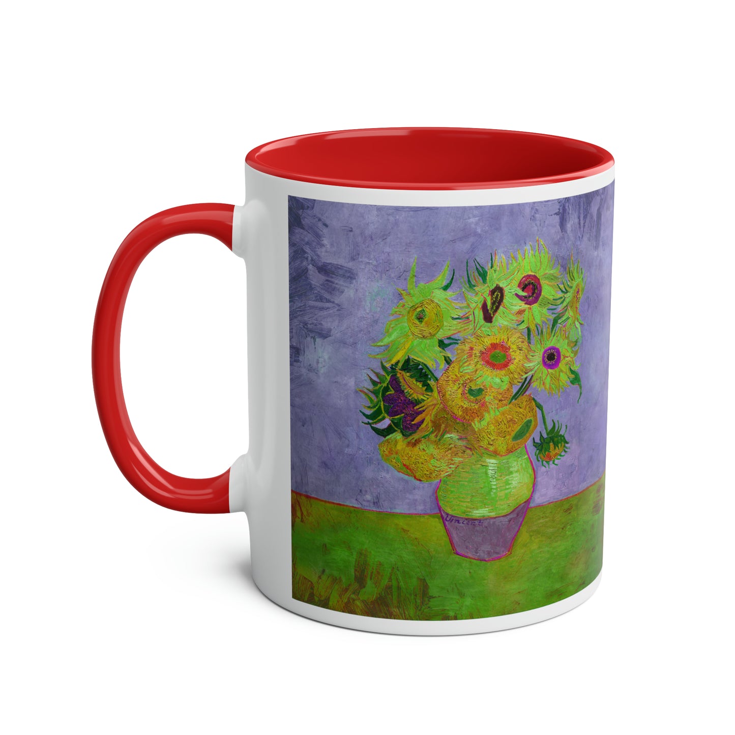 Van Gogh's Vase with Twelve Sunflowers (1888–1889) - Pop art green Fine Art Print Two-Tone Coffee Mugs, 11oz