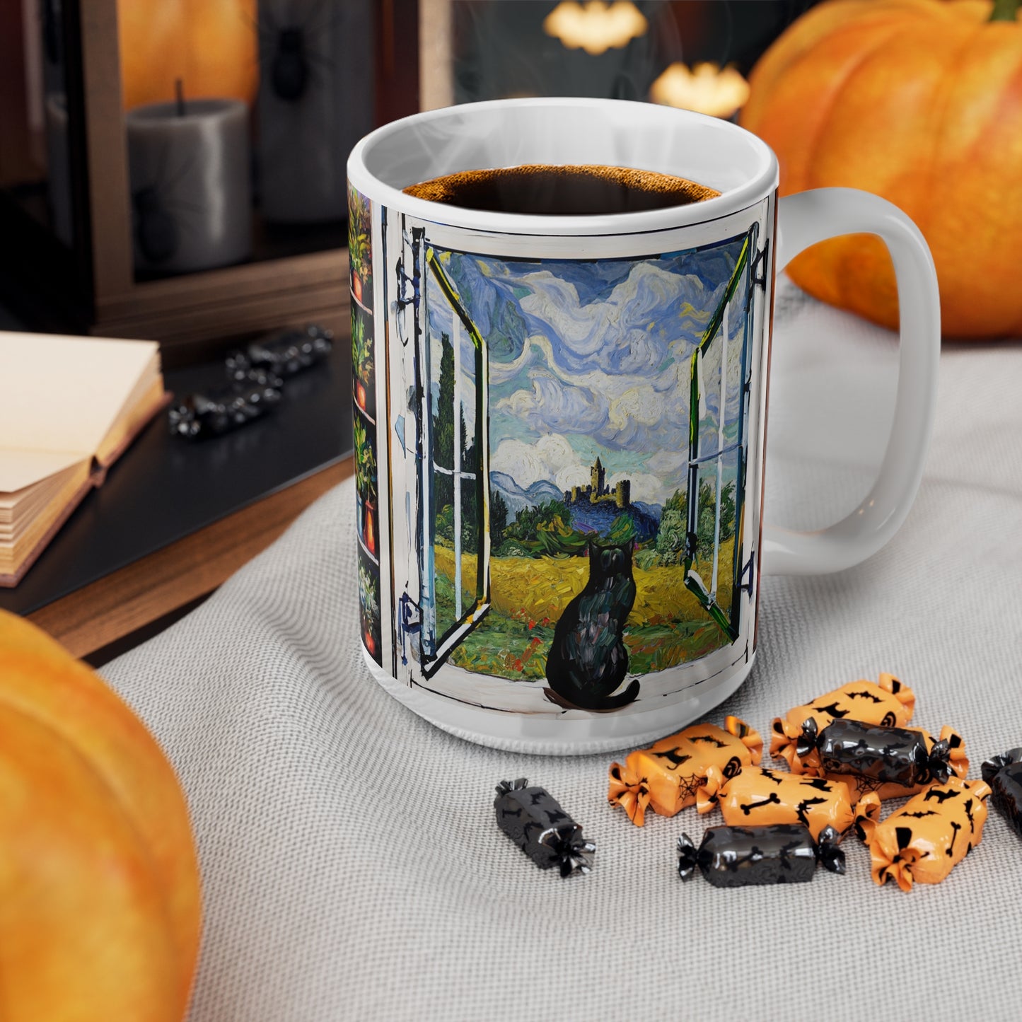 Van Gogh's Wheat Field with Cypresses (1889) - Cat with castle ruin Fine Art Print Ceramic Coffee Mugs, 11oz, 15oz