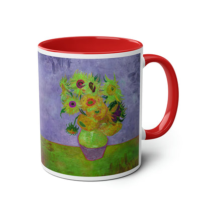 Van Gogh's Vase with Twelve Sunflowers (1888–1889) - Pop art green Fine Art Print Two-Tone Coffee Mugs, 11oz