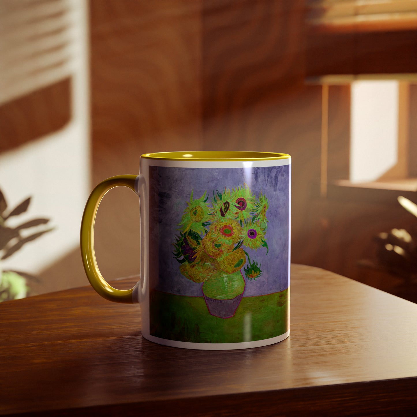 Van Gogh's Vase with Twelve Sunflowers (1888–1889) - Pop art green Fine Art Print Two-Tone Coffee Mugs, 11oz