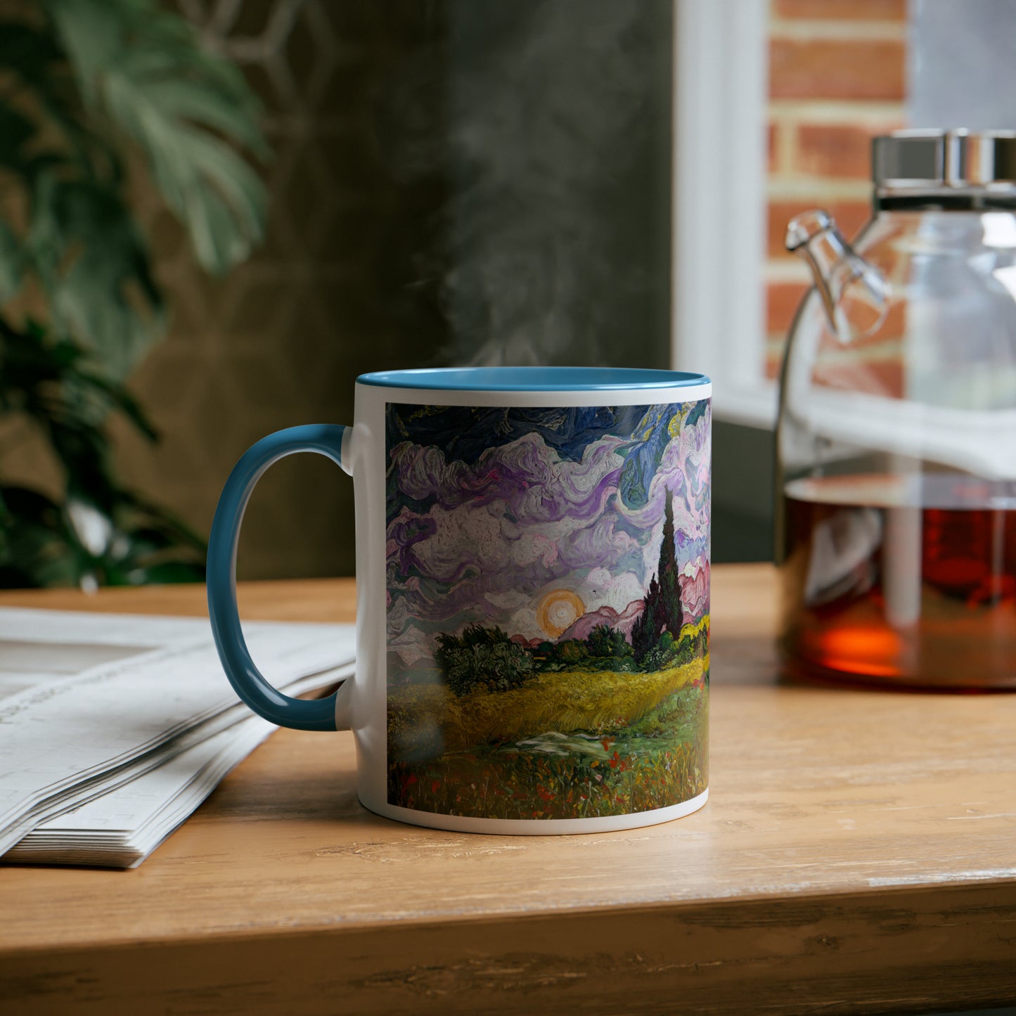 Van Gogh's Wheat Field with Cypresses (1889) - Sunset Fine Art Print Two-Tone Coffee Mugs, 11oz