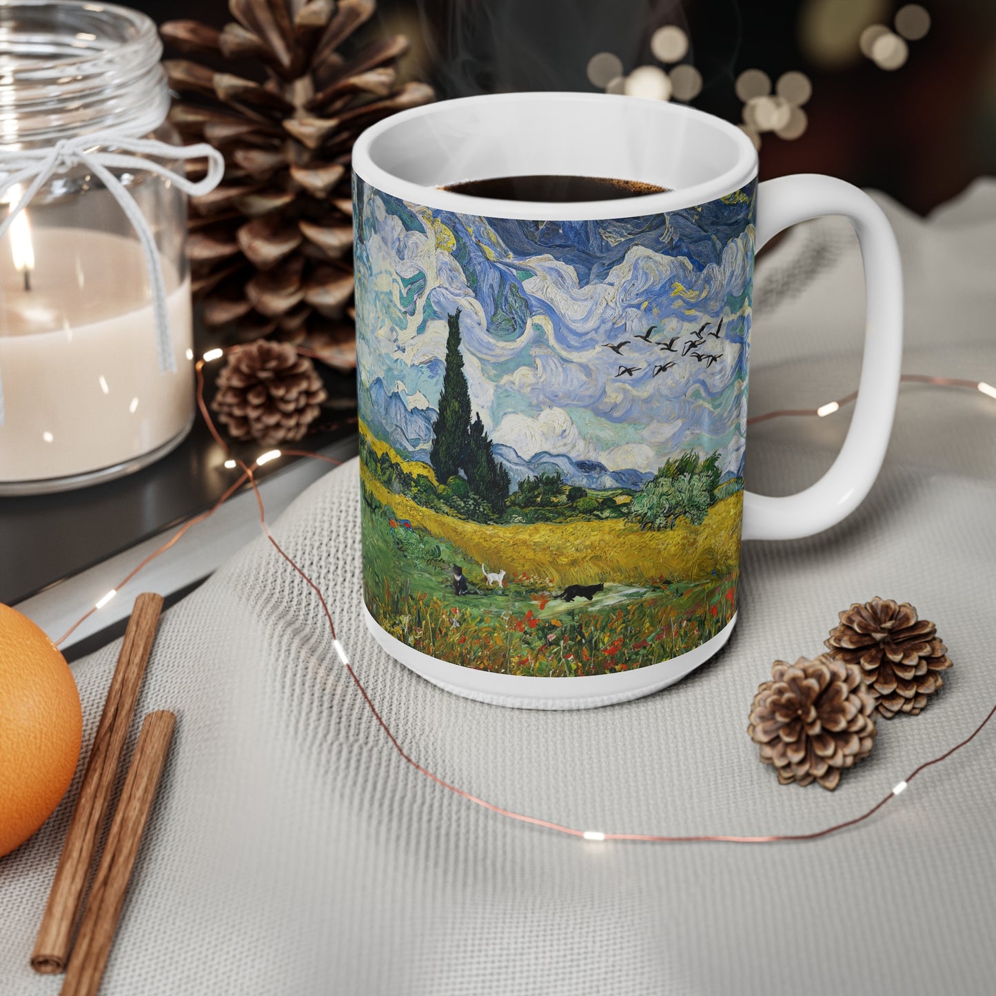 Van Gogh's Wheat Field with Cypresses (1889) - Birds Fine Art Print Ceramic Coffee Mugs, 11oz, 15oz