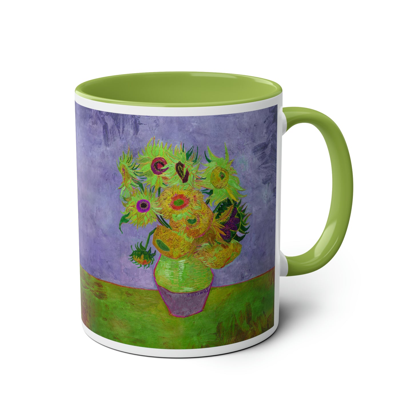 Van Gogh's Vase with Twelve Sunflowers (1888–1889) - Pop art green Fine Art Print Two-Tone Coffee Mugs, 11oz