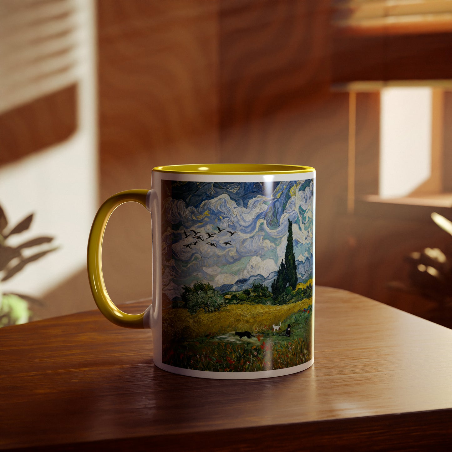 Van Gogh's Wheat Field with Cypresses (1889) - Birds Fine Art Print Two-Tone Coffee Mugs, 11oz