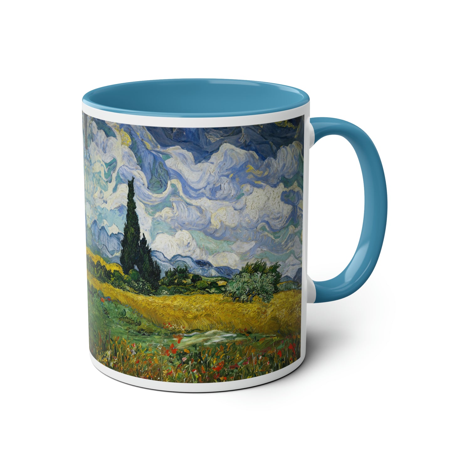 Van Gogh's Wheat Field with Cypresses (1889) - Original Fine Art Print Two-Tone Coffee Mugs, 11oz