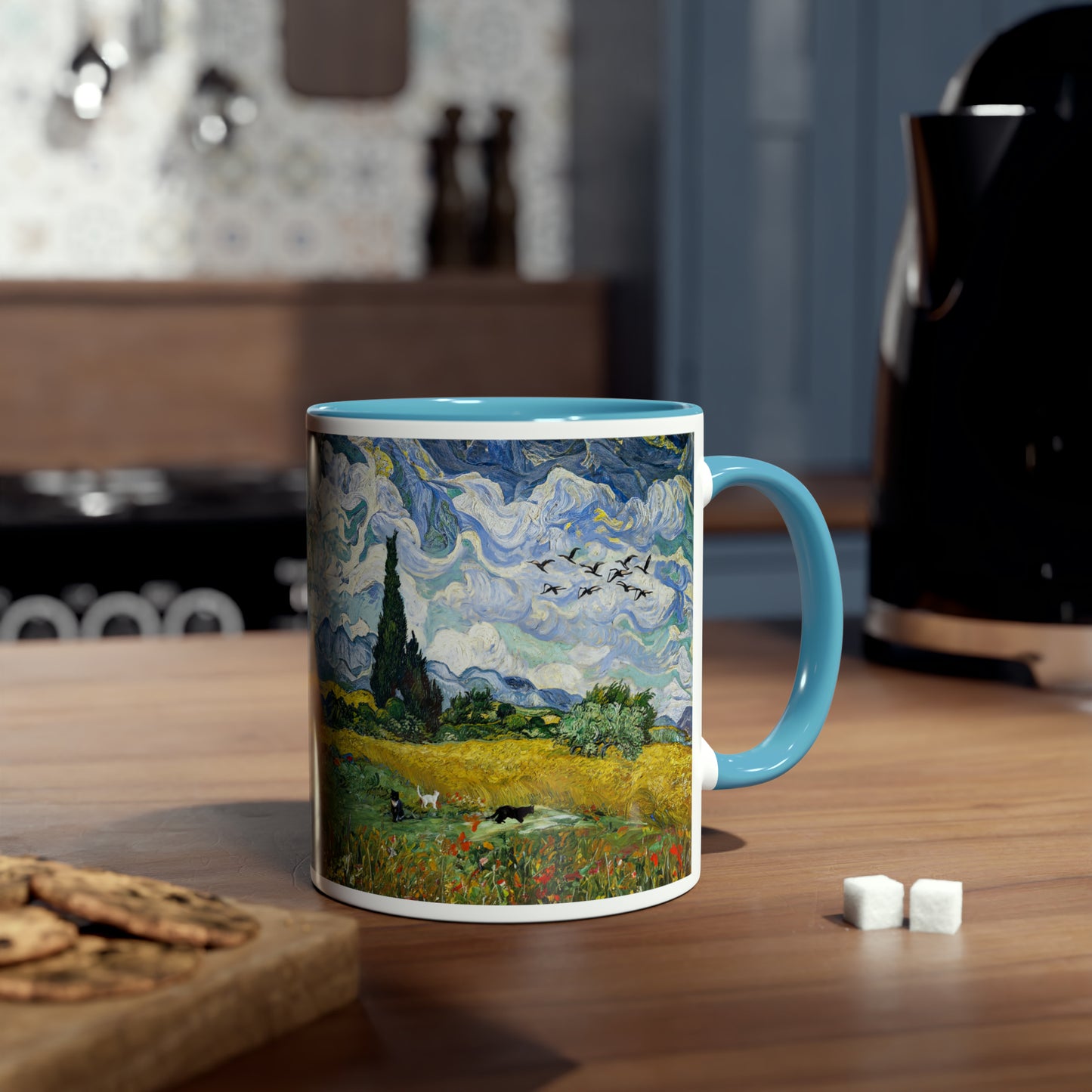 Van Gogh's Wheat Field with Cypresses (1889) - Birds Fine Art Print Two-Tone Coffee Mugs, 11oz