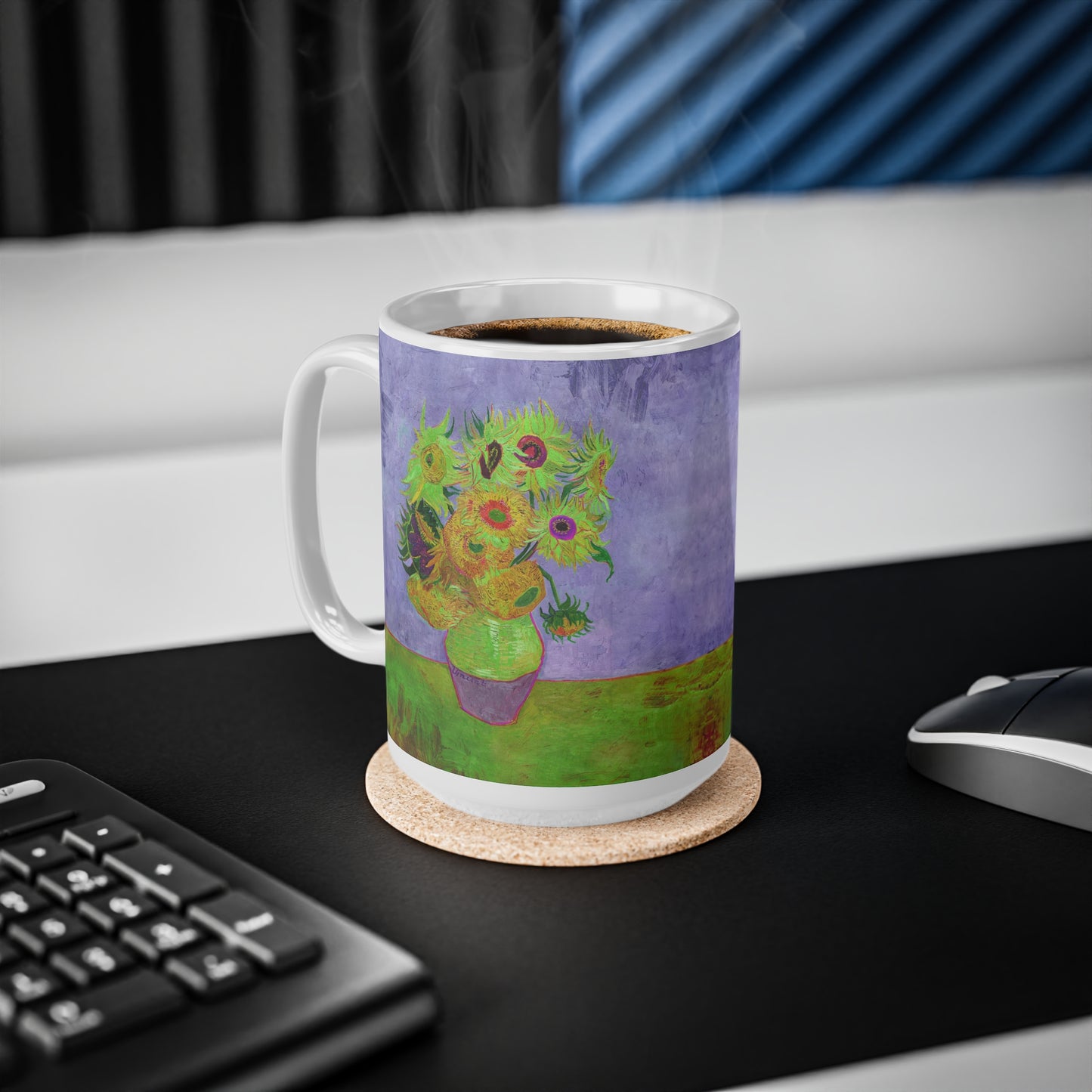 Van Gogh's Vase with Twelve Sunflowers (1888–1889) - Pop art green Fine Art Print Ceramic Coffee Mugs, 11oz, 15oz