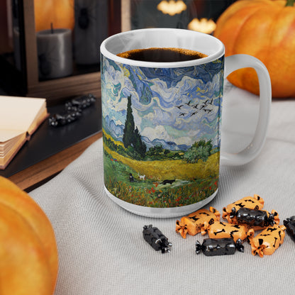 Van Gogh's Wheat Field with Cypresses (1889) - Birds Fine Art Print Ceramic Coffee Mugs, 11oz, 15oz