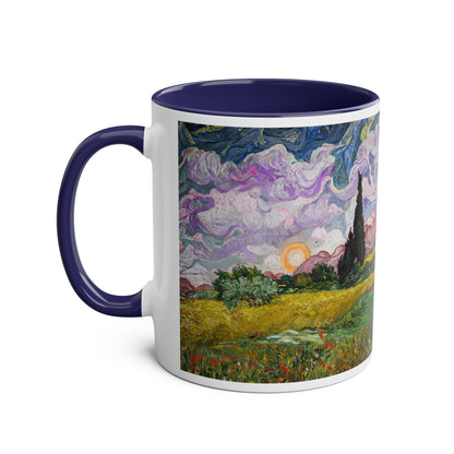 Van Gogh's Wheat Field with Cypresses (1889) - Sunset Fine Art Print Two-Tone Coffee Mugs, 11oz