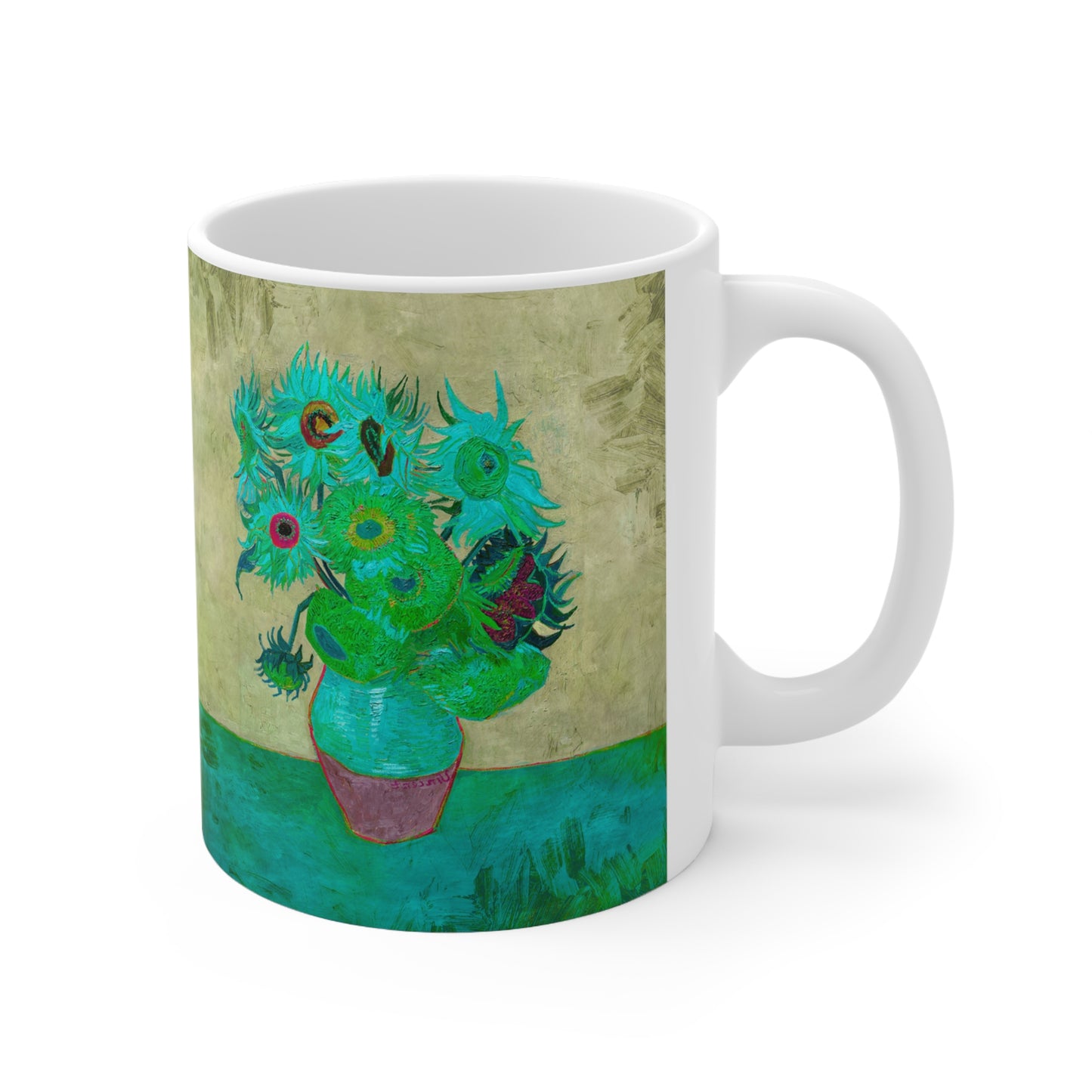 Van Gogh's Vase with Twelve Sunflowers (1888–1889) - Pop art turqoise Fine Art Print Ceramic Coffee Mugs, 11oz, 15oz