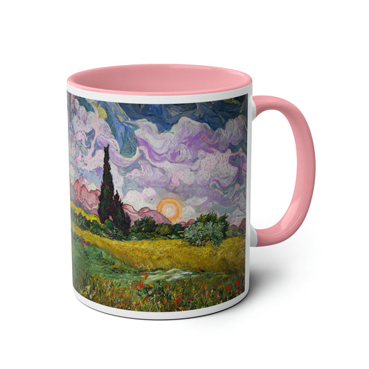 Van Gogh's Wheat Field with Cypresses (1889) - Sunset Fine Art Print Two-Tone Coffee Mugs, 11oz