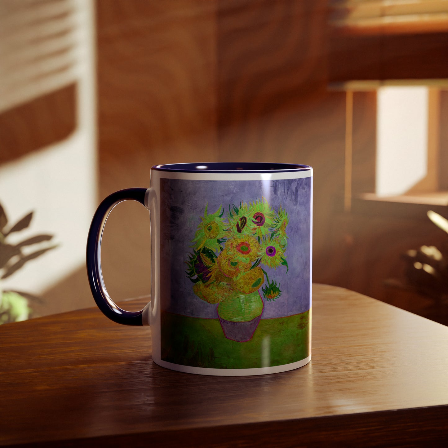 Van Gogh's Vase with Twelve Sunflowers (1888–1889) - Pop art green Fine Art Print Two-Tone Coffee Mugs, 11oz