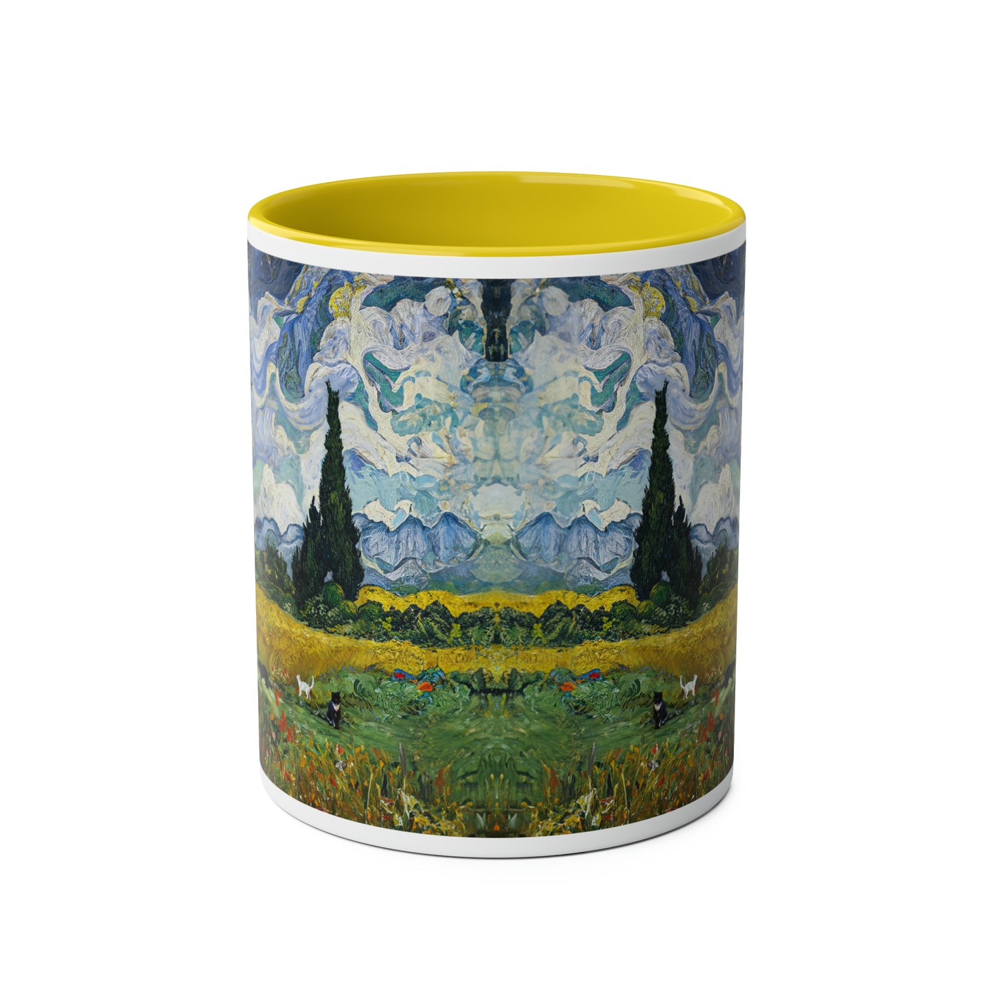 Van Gogh's Wheat Field with Cypresses (1889) - Birds Fine Art Print Two-Tone Coffee Mugs, 11oz