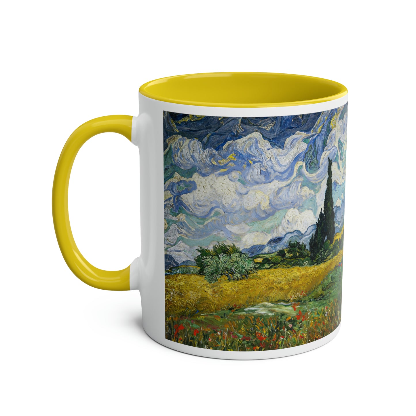 Van Gogh's Wheat Field with Cypresses (1889) - Original Fine Art Print Two-Tone Coffee Mugs, 11oz