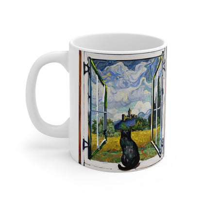 Van Gogh's Wheat Field with Cypresses (1889) - Cat with castle ruin Fine Art Print Ceramic Coffee Mugs, 11oz, 15oz