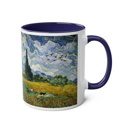 Van Gogh's Wheat Field with Cypresses (1889) - Birds Fine Art Print Two-Tone Coffee Mugs, 11oz