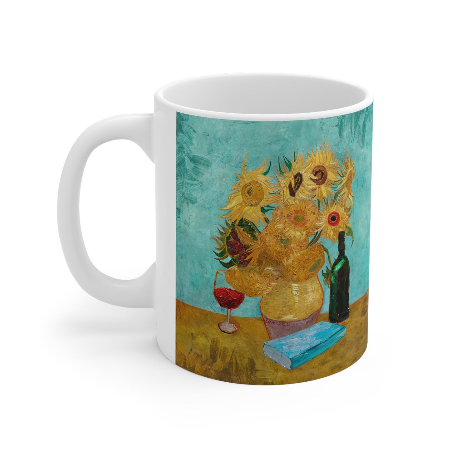 Van Gogh's Vase with Twelve Sunflowers (1888–1889) - Wine and book lover Fine Art Print Ceramic Coffee Mugs, 11oz, 15oz