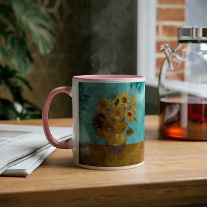 Van Gogh's Vase with Twelve Sunflowers (1888–1889) - Original Fine Art Print Two-Tone Coffee Mugs, 11oz