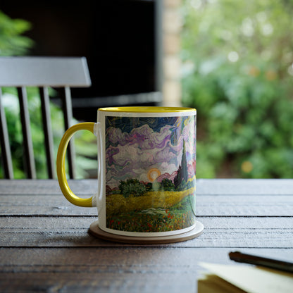 Van Gogh's Wheat Field with Cypresses (1889) - Sunset Fine Art Print Two-Tone Coffee Mugs, 11oz