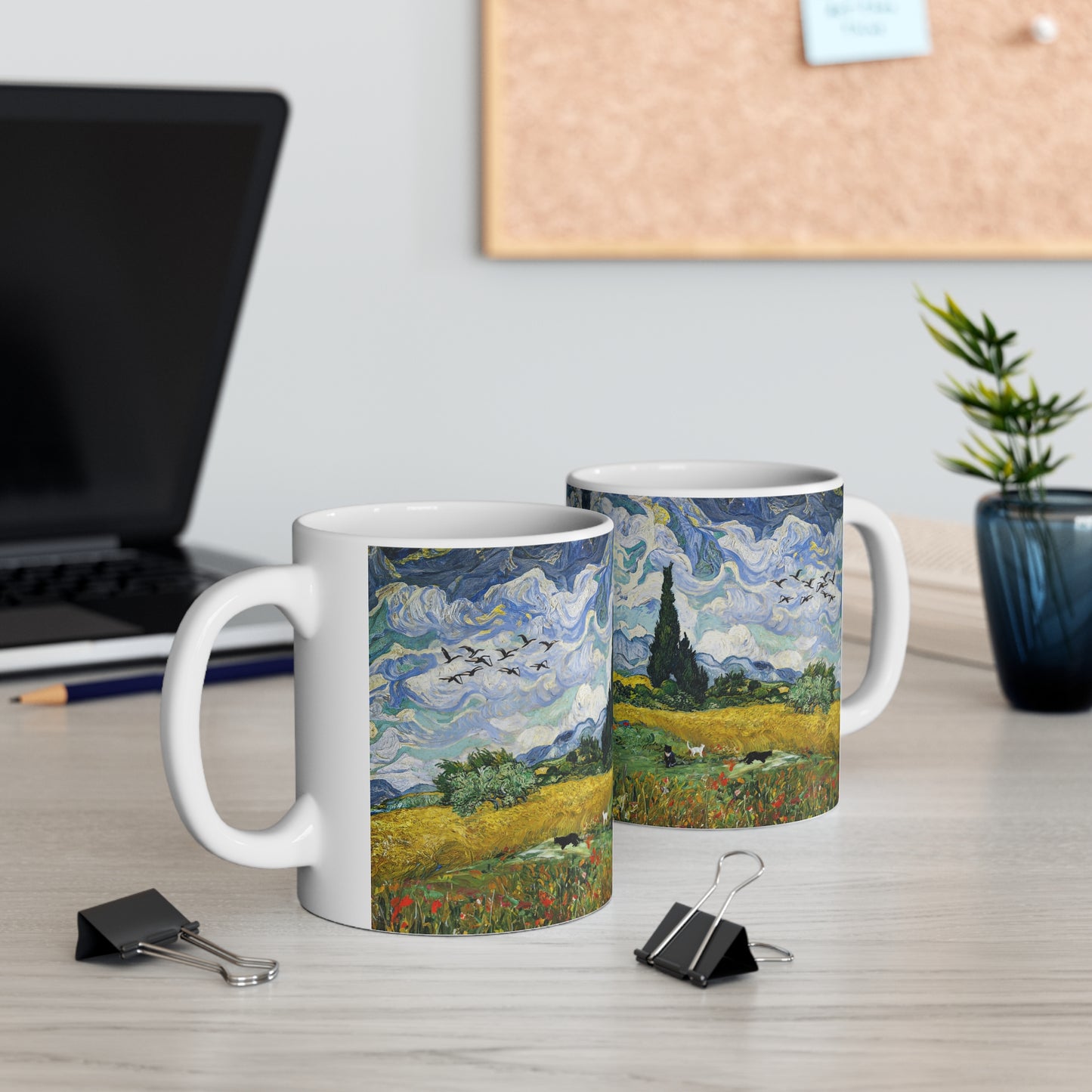 Van Gogh's Wheat Field with Cypresses (1889) - Birds Fine Art Print Ceramic Coffee Mugs, 11oz, 15oz