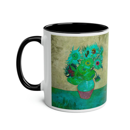 Van Gogh's Vase with Twelve Sunflowers (1888–1889) - Pop art turqoise Fine Art Print Two-Tone Coffee Mugs, 11oz