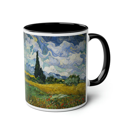 Van Gogh's Wheat Field with Cypresses (1889) - Original Fine Art Print Two-Tone Coffee Mugs, 11oz