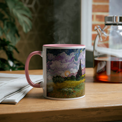 Van Gogh's Wheat Field with Cypresses (1889) - Sunset Fine Art Print Two-Tone Coffee Mugs, 11oz