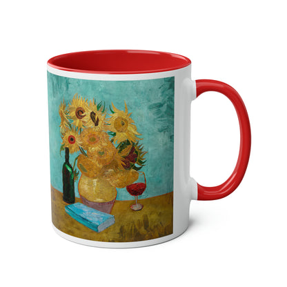 Van Gogh's Vase with Twelve Sunflowers (1888–1889) - Wine and book lover Fine Art Print Two-Tone Coffee Mugs, 11oz