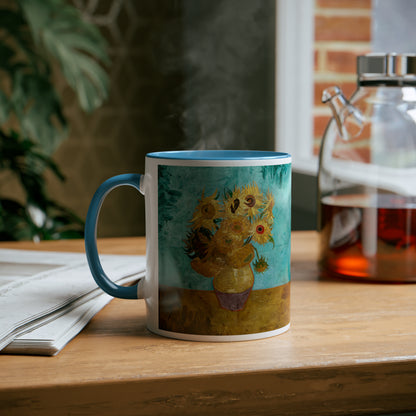 Van Gogh's Vase with Twelve Sunflowers (1888–1889) - Original Fine Art Print Two-Tone Coffee Mugs, 11oz