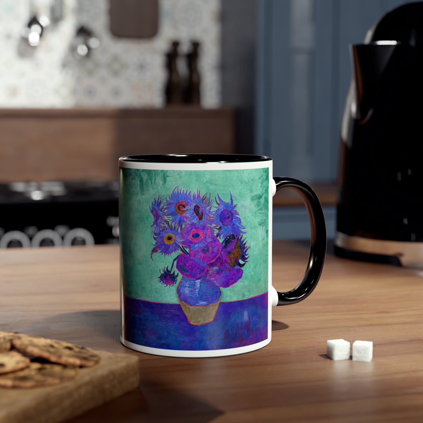 Van Gogh's Vase with Twelve Sunflowers (1888–1889) - Pop art purple Fine Art Print Two-Tone Coffee Mugs, 11oz