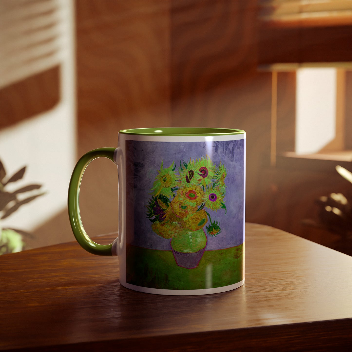 Van Gogh's Vase with Twelve Sunflowers (1888–1889) - Pop art green Fine Art Print Two-Tone Coffee Mugs, 11oz