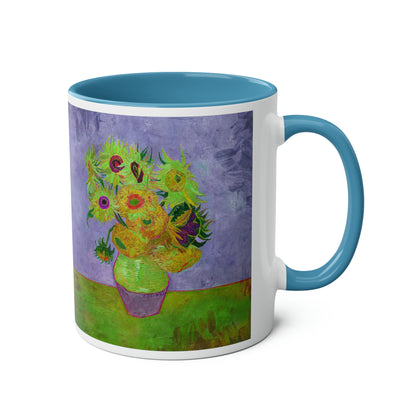 Van Gogh's Vase with Twelve Sunflowers (1888–1889) - Pop art green Fine Art Print Two-Tone Coffee Mugs, 11oz