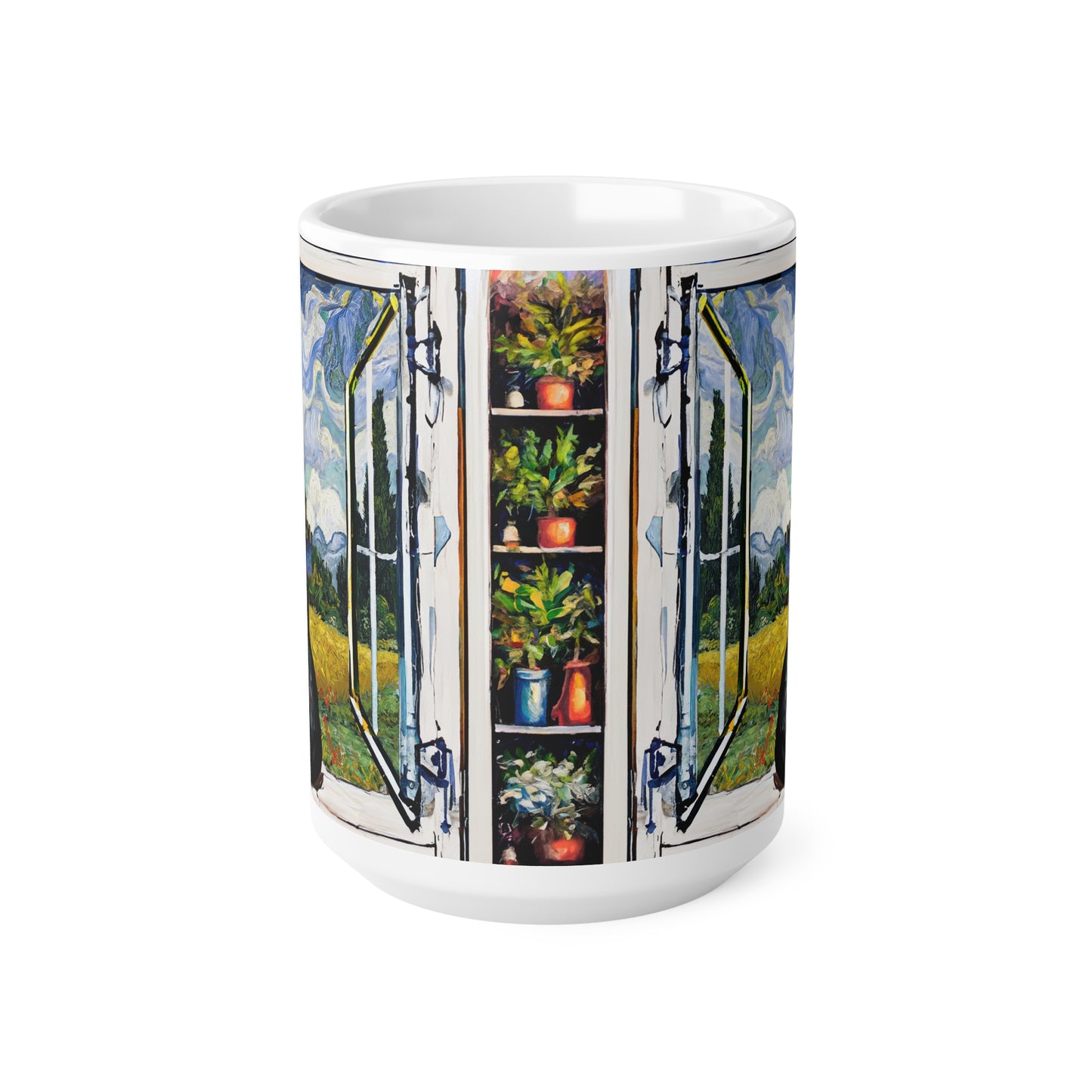 Van Gogh's Wheat Field with Cypresses (1889) - Cat with castle ruin Fine Art Print Ceramic Coffee Mugs, 11oz, 15oz