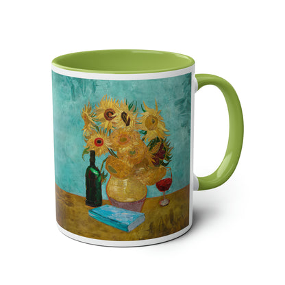 Van Gogh's Vase with Twelve Sunflowers (1888–1889) - Wine and book lover Fine Art Print Two-Tone Coffee Mugs, 11oz