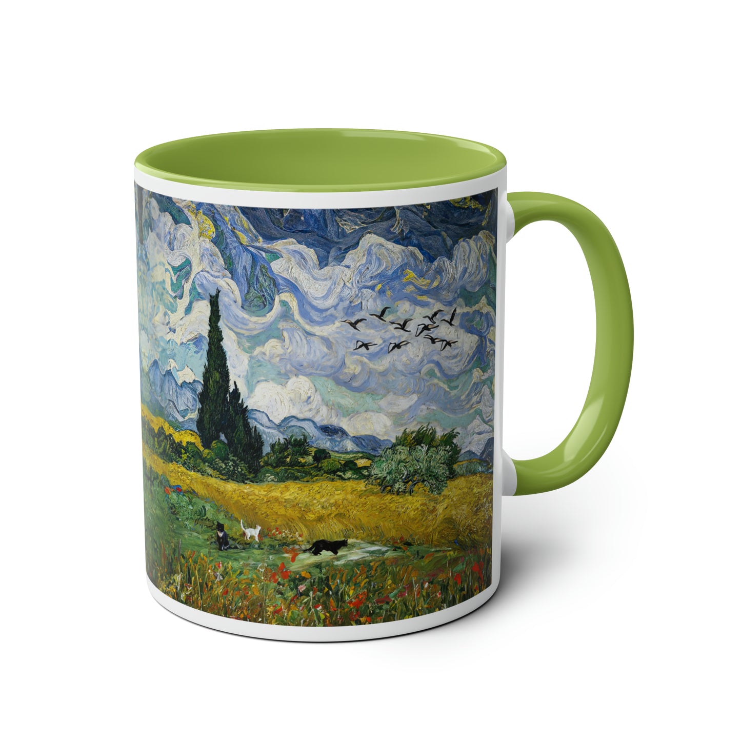 Van Gogh's Wheat Field with Cypresses (1889) - Birds Fine Art Print Two-Tone Coffee Mugs, 11oz