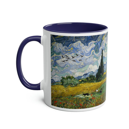 Van Gogh's Wheat Field with Cypresses (1889) - Birds Fine Art Print Two-Tone Coffee Mugs, 11oz