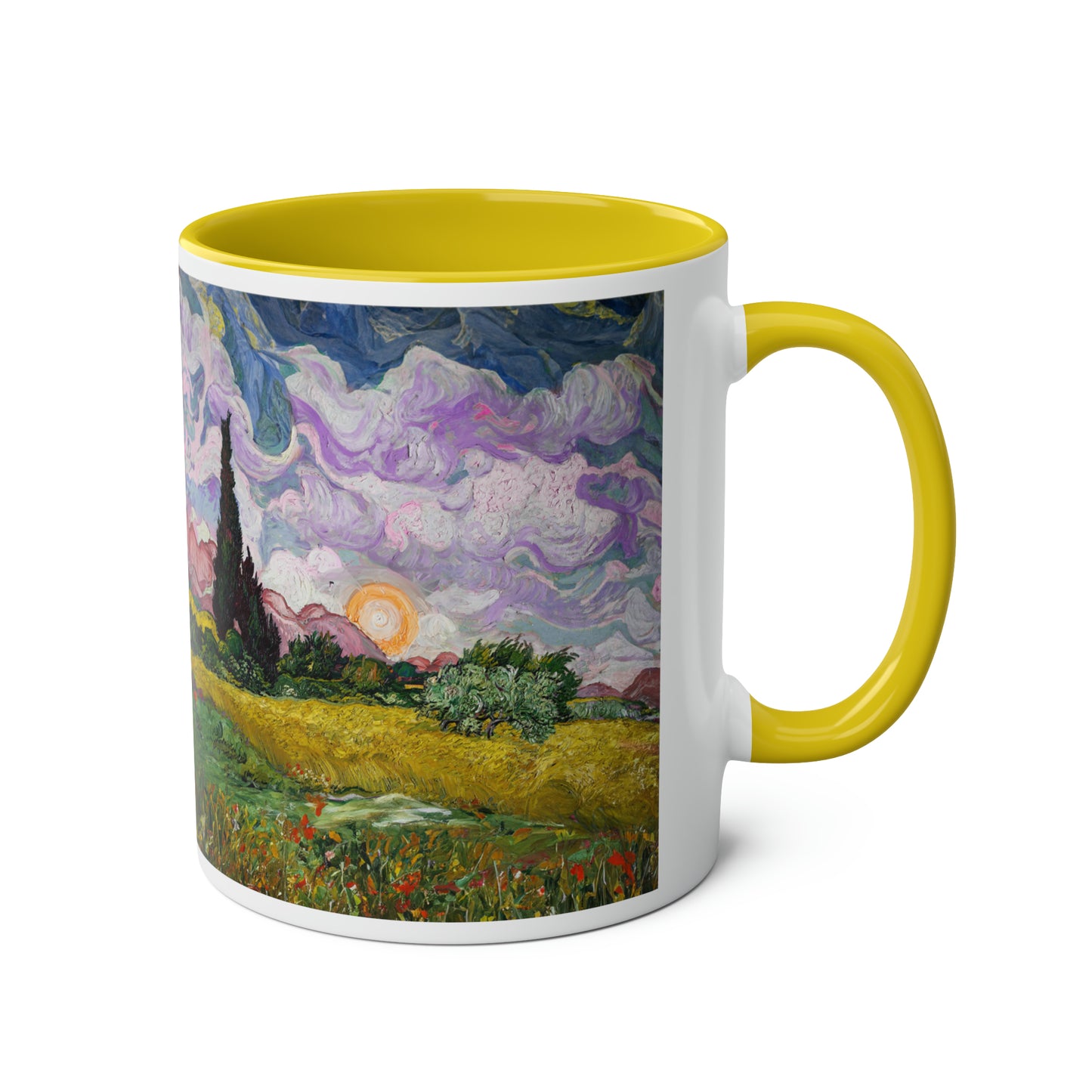 Van Gogh's Wheat Field with Cypresses (1889) - Sunset Fine Art Print Two-Tone Coffee Mugs, 11oz