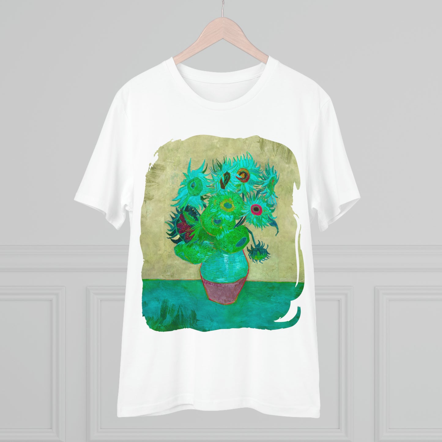 Van Gogh's Vase with Twelve Sunflowers (1888–1889) - Pop art turqoise Fine Art Print Organic Cotton T-Shirt Unisex