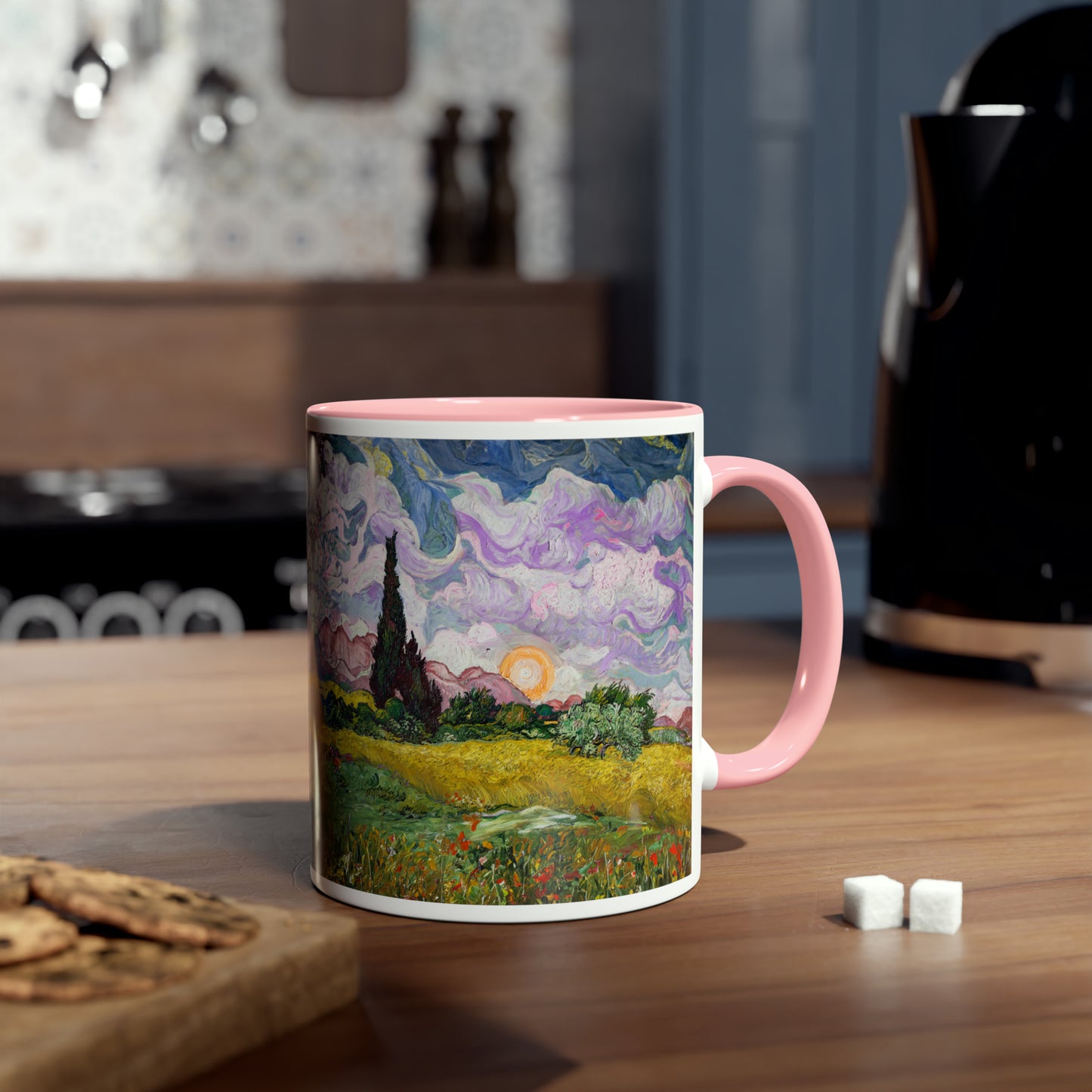 Van Gogh's Wheat Field with Cypresses (1889) - Sunset Fine Art Print Two-Tone Coffee Mugs, 11oz