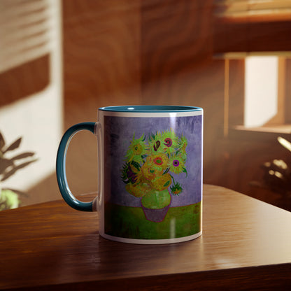 Van Gogh's Vase with Twelve Sunflowers (1888–1889) - Pop art green Fine Art Print Two-Tone Coffee Mugs, 11oz