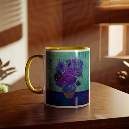 Van Gogh's Vase with Twelve Sunflowers (1888–1889) - Pop art purple Fine Art Print Two-Tone Coffee Mugs, 11oz