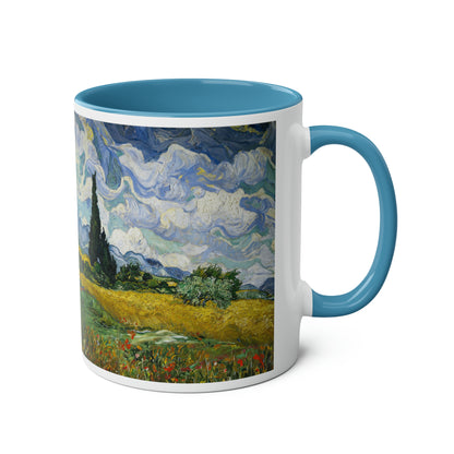 Van Gogh's Wheat Field with Cypresses (1889) - Original Fine Art Print Two-Tone Coffee Mugs, 11oz