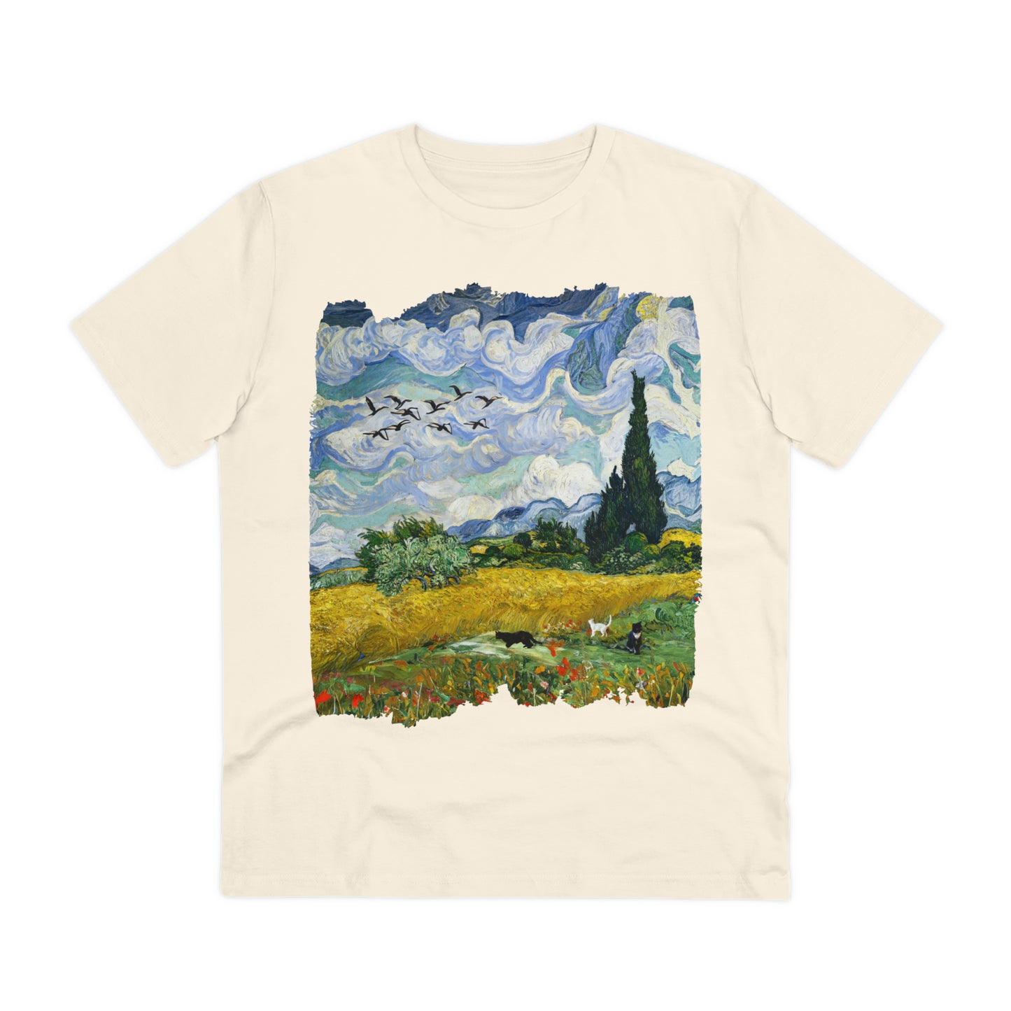 Van Gogh's Wheat Field with Cypresses (1889) - Birds Fine Art Print Organic Cotton T-Shirt Unisex