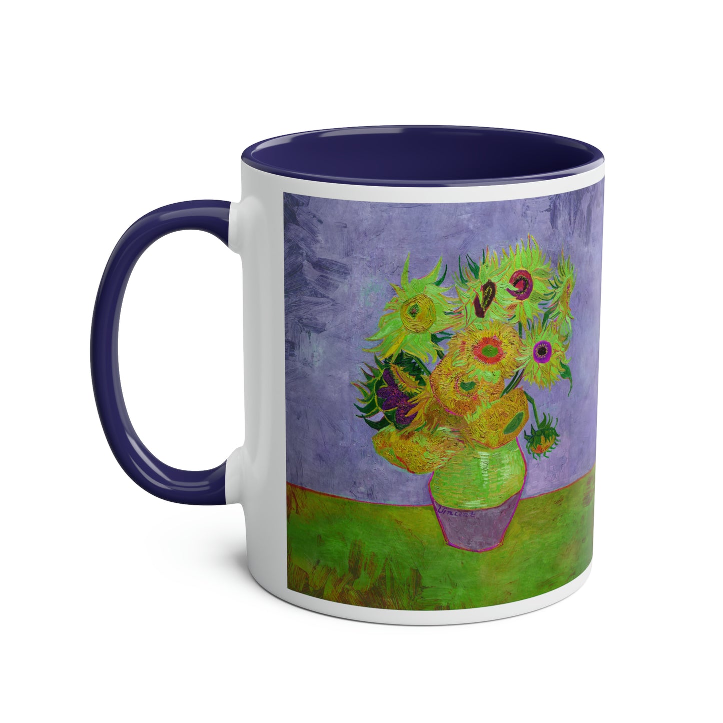 Van Gogh's Vase with Twelve Sunflowers (1888–1889) - Pop art green Fine Art Print Two-Tone Coffee Mugs, 11oz