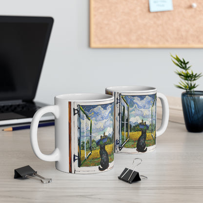 Van Gogh's Wheat Field with Cypresses (1889) - Cat with castle ruin Fine Art Print Ceramic Coffee Mugs, 11oz, 15oz