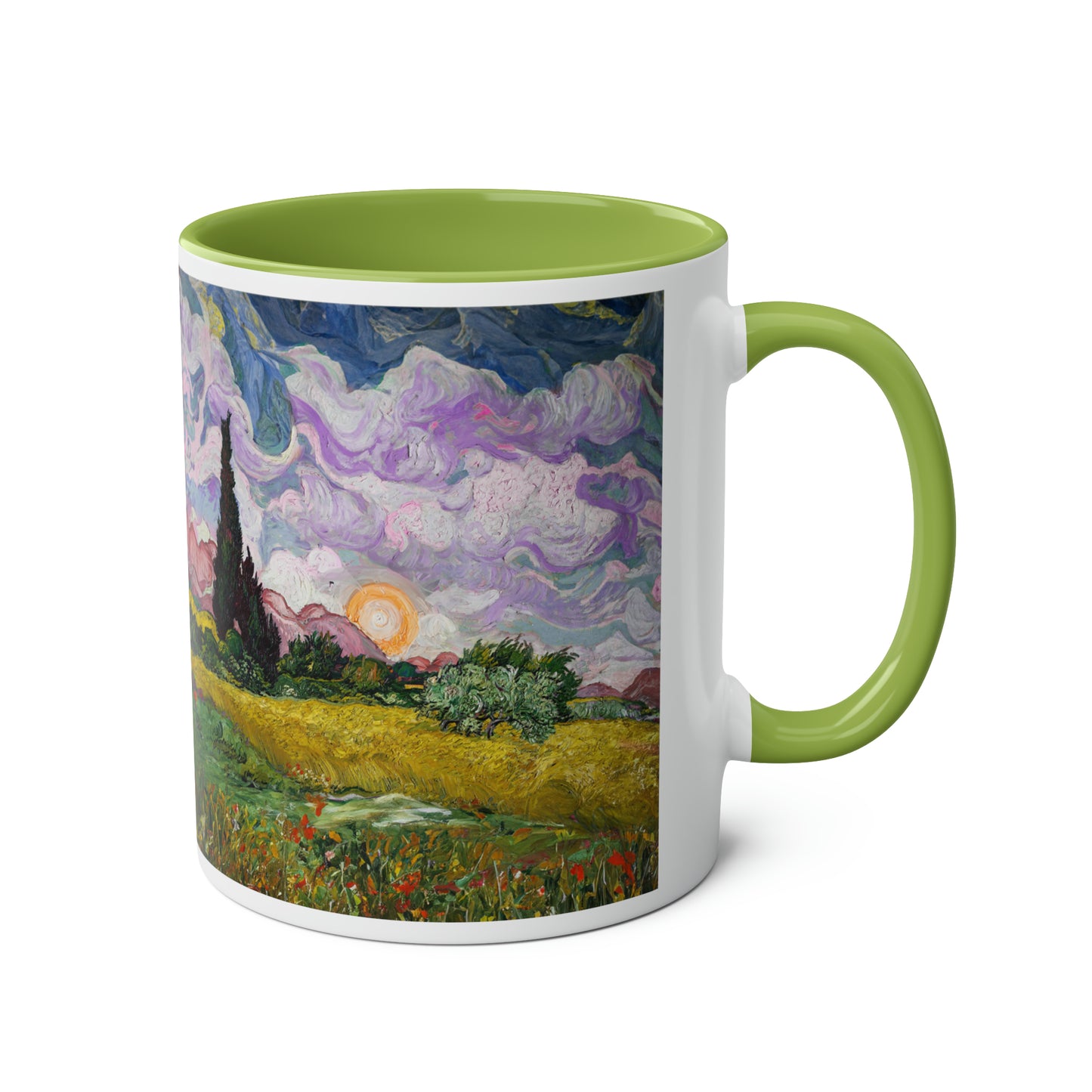 Van Gogh's Wheat Field with Cypresses (1889) - Sunset Fine Art Print Two-Tone Coffee Mugs, 11oz